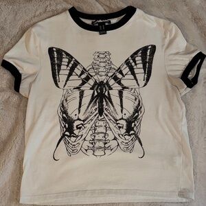 Charlotte Russe Women White Tee with Black Butterfly Design